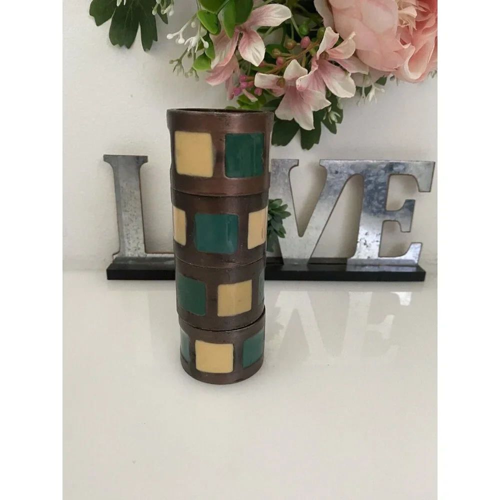 Vintage 1980s Pier 1 Napkin Rings Bronze Green Yellow Inlay Set of 4‎ Retro EUC